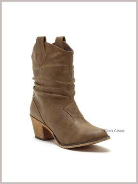 Western Cowboy Boots Distressed Almond Toe Mid-Calf Pull-On